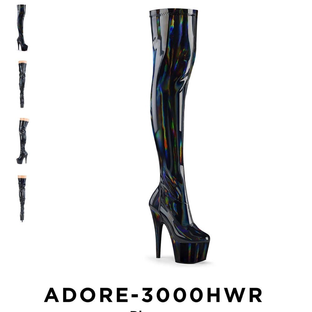 Pleaser Black Holographic Thigh High Boots - Picture 3 of 3